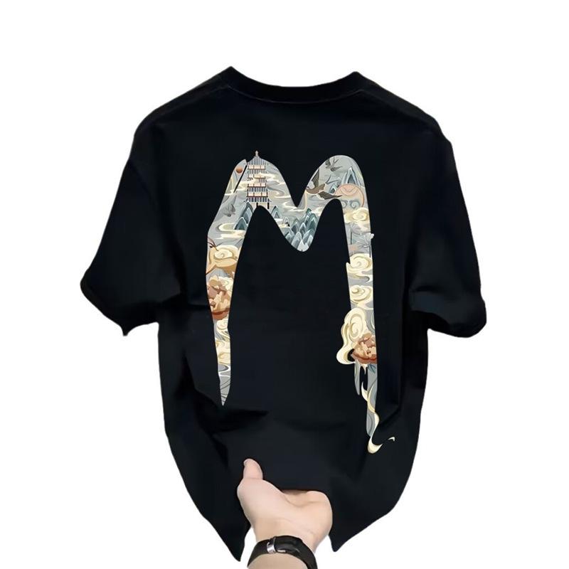 T-Shirt Top Versatile Heavy Men'S And Women'S Same Style Printed Classic Letter M Round Neck Pure Cotton Short Sleeves