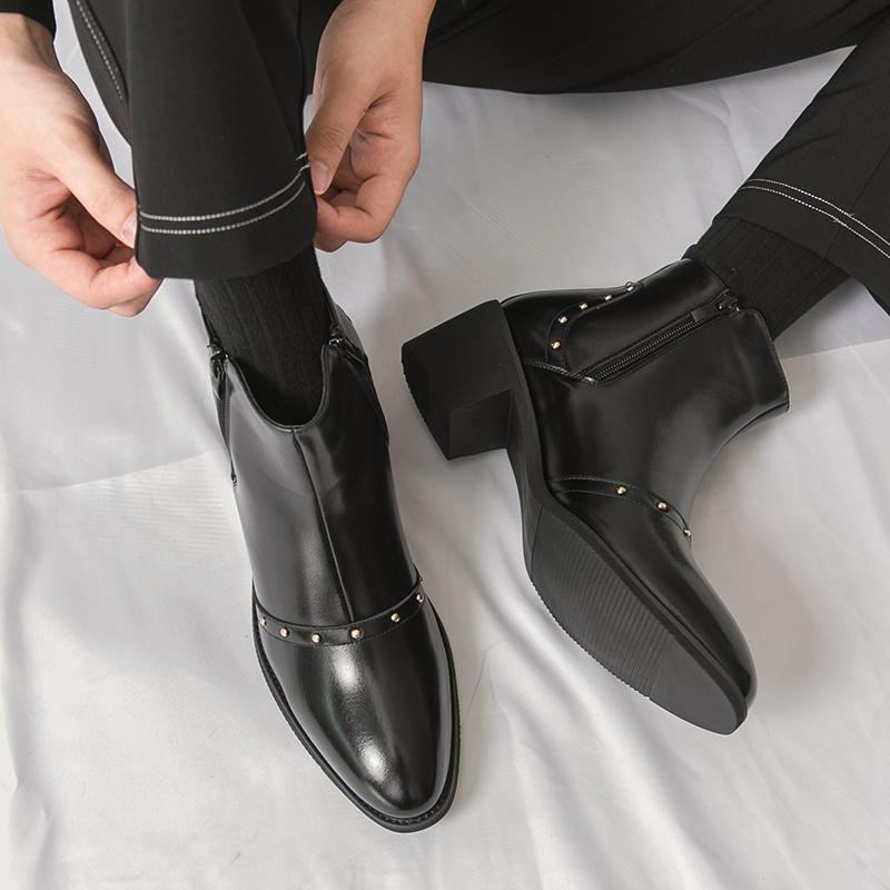 Men’s Short Boots Elevator Chelsea Boots Retro Tuxedo Ankle Boots Pointed Toe Retro Black Heel Boots Large Size
