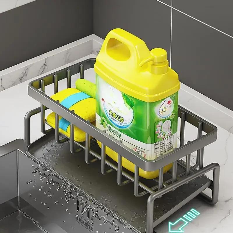 Raft pentru chiuvetă cu drenare automată Suport de scurgere pentru chiuvetă de bucătărie din oțel inoxidabil Suport pentru robinet de depozitare cu burete cu tijă Organizator pentru chiuvetă de bucătărie