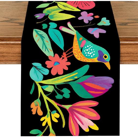 ANNA QUEEN Boho Floral Table Runner 13x72 Inch, Colorful Mexican Otomi-Style, Folk Art Table Decor for Dining Table, Fiesta Party, Kitchen, Wedding