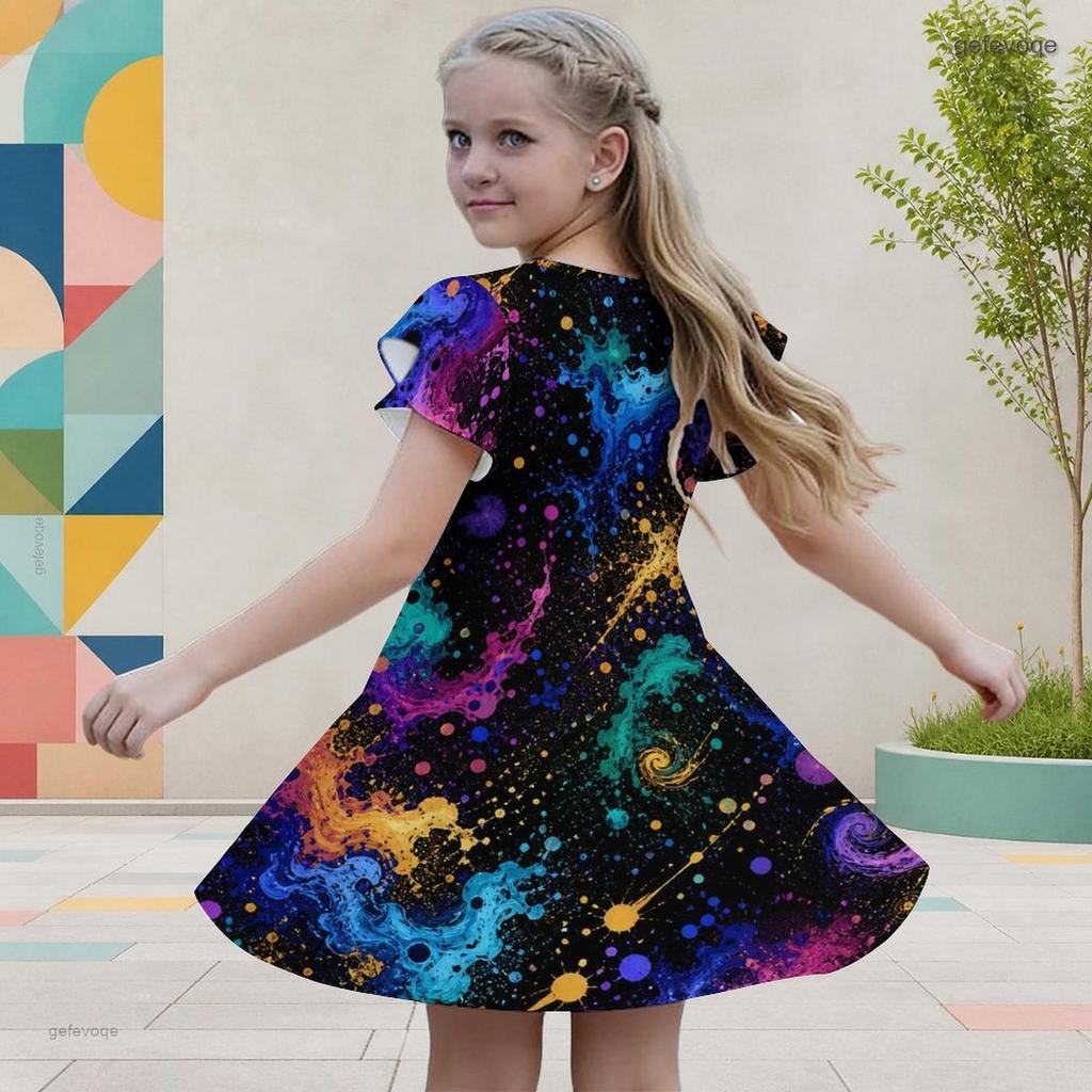 Girls Round Neck Flutter Sleeve American Flag Printed A Line Dress Black Red White