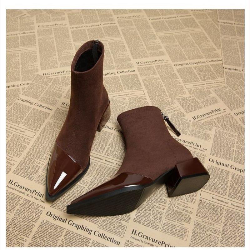 Fashion Ankle Boots Women Chunky Mid Heels Suede Shoes Woman Pointed Toe Trend Winter New Style Goth Walking Snow Boots Zapatos De Mujer