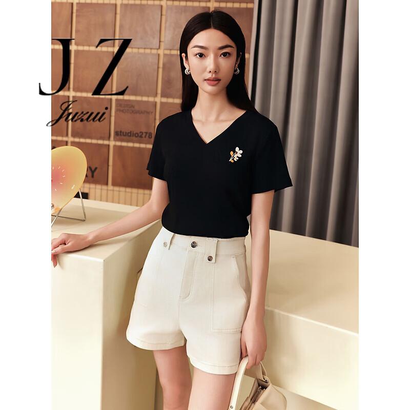 JUZUI Women s Elegant Embroidered V-Neck Short Sleeve T-Shirt S