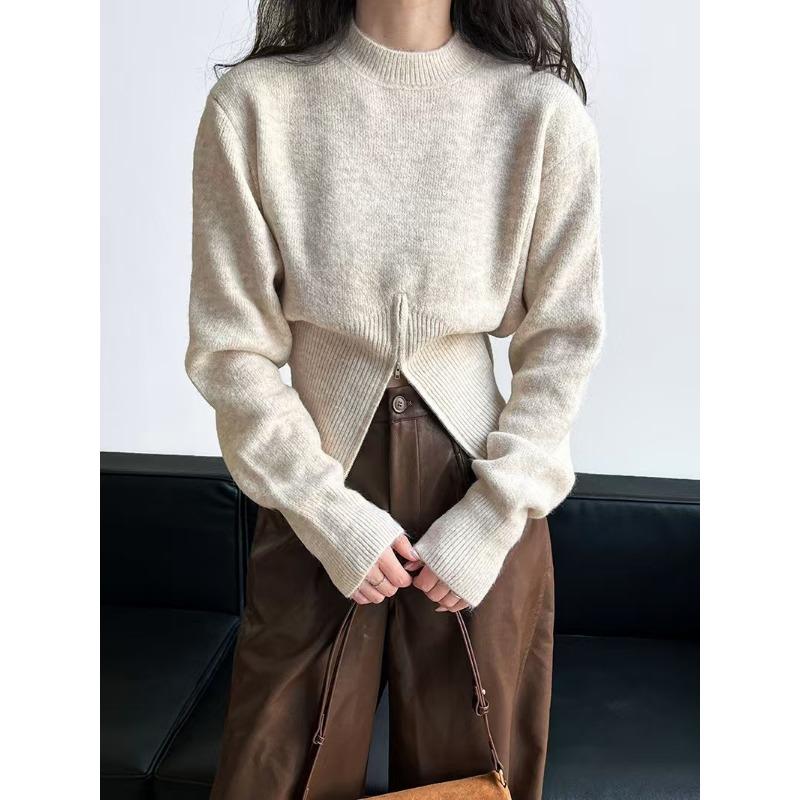 Autumn Round Neck Zipper Design Long Sleeved Knitted Sweater Loose Solid Color Casual Fashion Office Pullover Women Sweaters Female Clothing