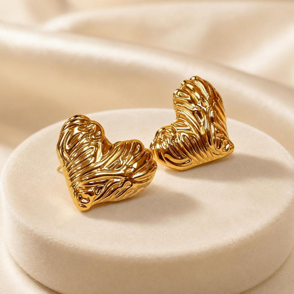 Elegant Gold Heart-Shaped Textured Stud Earrings - Stainless Steel, Simple Luxury Fashion