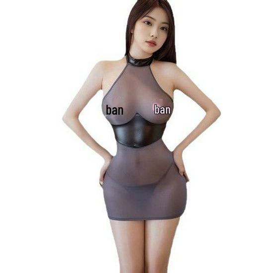 Svůdná dámská průsvitná noční košilka s halterovým výstřihem, zeštíhlující sukní a pasovým stahovákem