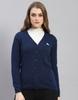 Womens Solid Navy Blue V Neck Full Sleeve Cardigan