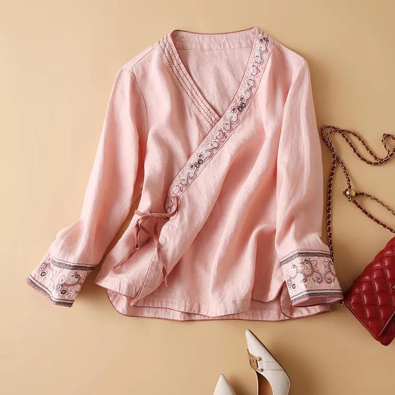 Female Cotton Linen Summer Embroidered Top Loose Vintage Hanfu Ancient Chinese Tea Zen Clothing
