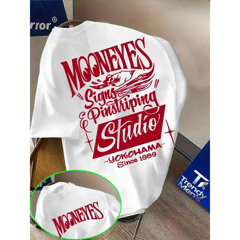 Family Tees Europese maten Trendy Cultuur T-shirt met Handgetekend Mooneyes Logo en Fijne Streep Decoratief Kunstpatroon Print 2XL wit