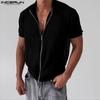 INCERUN Men Zip-up Short Sleeve Hollow See Through Casual Shirts Tops