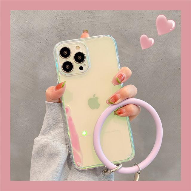 Ins Korea Laser Gradient Wrist Loop Strap Phone Case For Iphone 13 Pro Max 12 11 Pro X Xr Max Clear Lens Protection Laser Cover