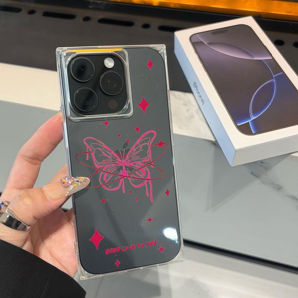 Square Back Tube Protection Clear Case For iPhone 16 ProMax 12 11 15 Plus 14 Pro Max 13 Anti-Oxygen,English Pink Butterfly Pattern Casing