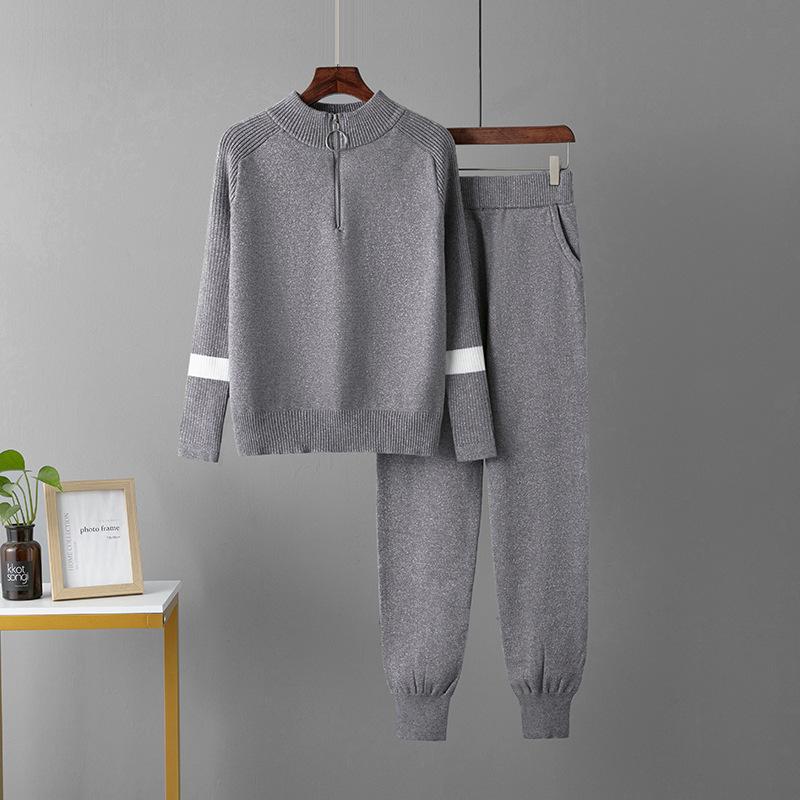 

Женские повседневные вязаные комплекты из 2 предметов, корейские трикотажные изделия с О-образным вырезом, свитер на молнии, пуловер, топы, комплекты, спортивные штаны с высокой талией, наряд One size серый