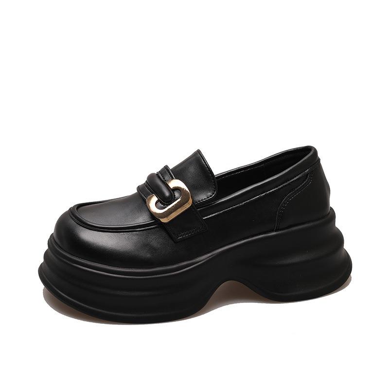 Black muffin thick-soled loafer small leather shoes for women's spring and autumn new retro height-increasing one-pedal single shoes