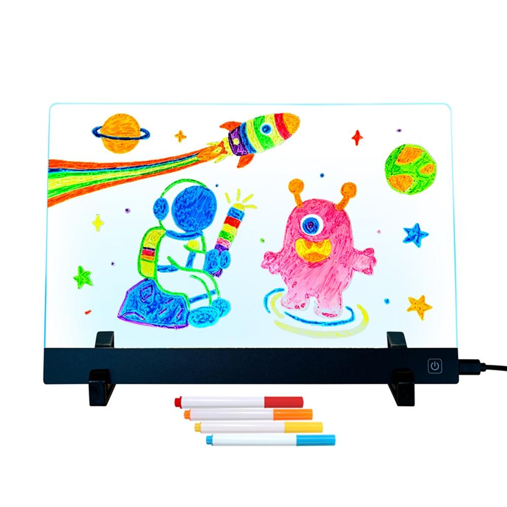 LED Drawing Board for Kids Gift, 20 X 30cm USB Powered Erasable Acrylic Illuminated Writing Tablet with Stand and Color Pencils