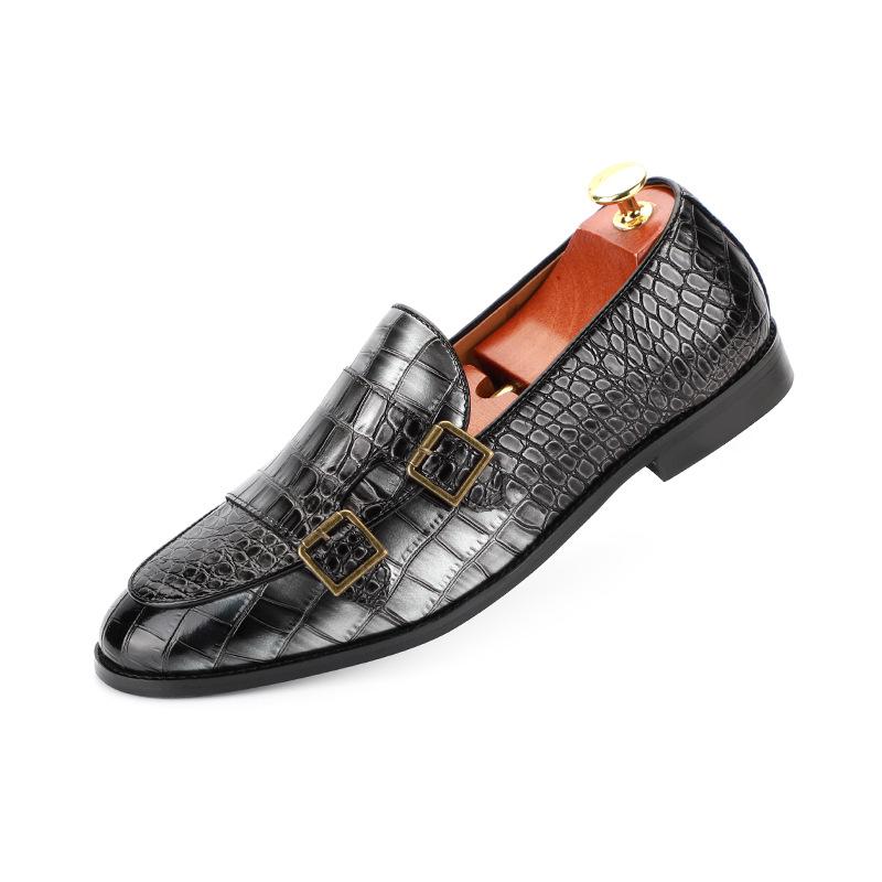 Luxury Business Men Monk Shoes Double Buckle Crocodile Print Wedding Party Office PU Leather Shoes Brown Pointed Toe Loafer