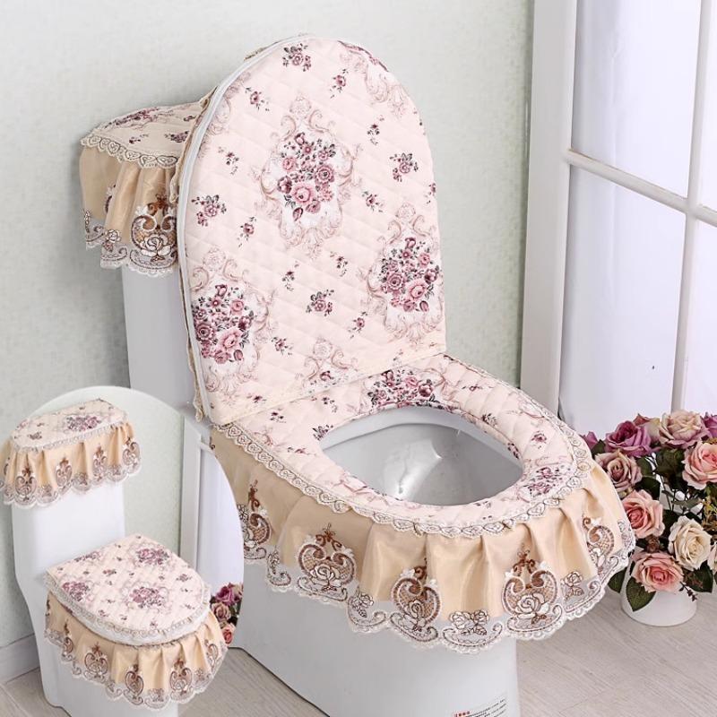 3pcs/Set Lace Embroidery Detachable Toilet Cover Cloth Dustproof Soft Toilet Seat Ring Cushion Home Decoration Toilet Cover