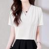 Shirt Short Summer [Sueeya] Women's Blouse, Sleeve, V-Neck, Tuck, Body-Concealing, Slimming, Plain, Stylish, Clean, Versatile, Casual, Formal,