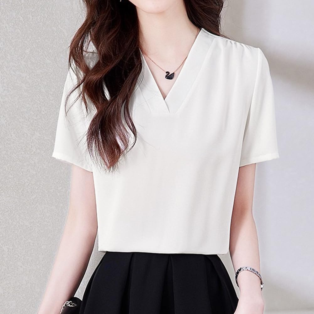 Shirt Short Summer [Sueeya] Women's Blouse, Sleeve, V-Neck, Tuck, Body-Concealing, Slimming, Plain, Stylish, Clean, Versatile, Casual, Formal,
