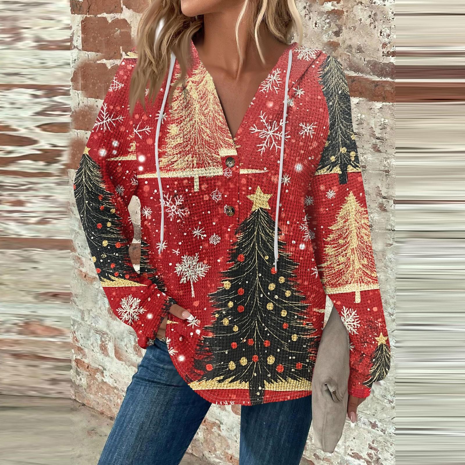 

Женская модная повседневная толстовка с длинным рукавом, завязками на пуговицы, V-образным вырезом, капюшоном и рождественским принтом XL красный