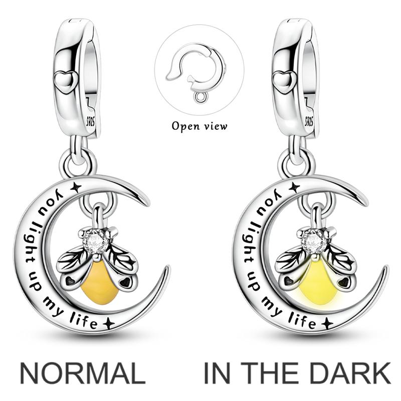 925 Silver Golden Clover Charms Bead CZ Zircon Glowing Firefly Pet Cat Puppy Pendant Fit Original Bracelet DIY Jewelry