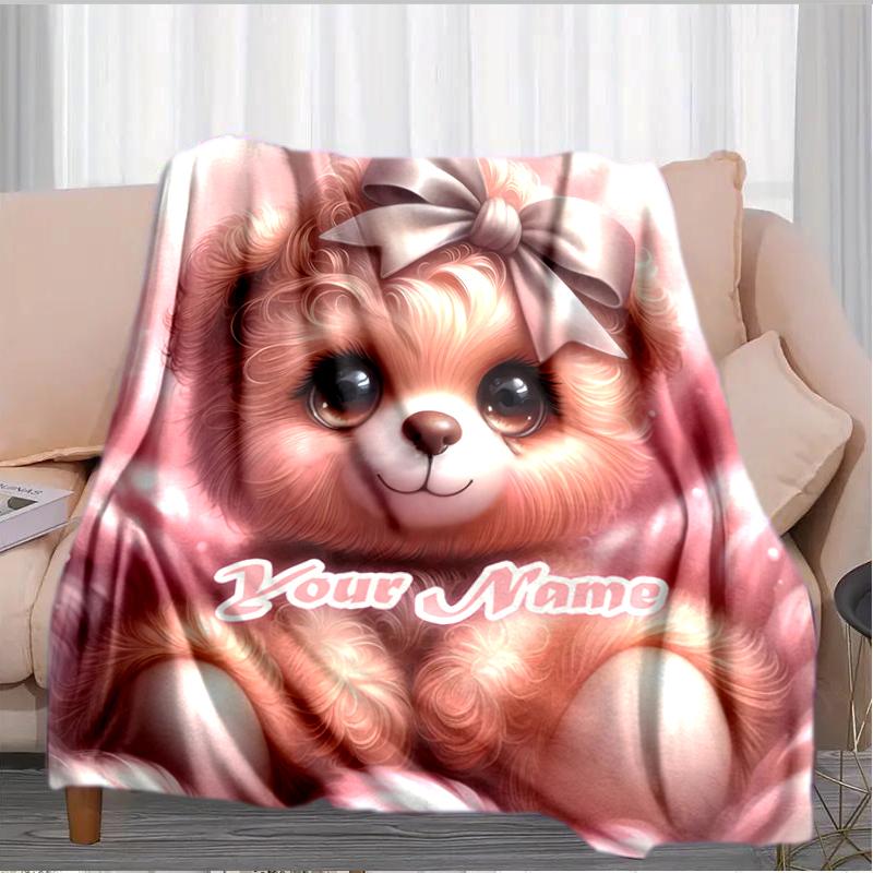 1PC Custom Name Pink Teddy Bear Bow Flannel Blankets Patterns Throw Blanket All-Season Soft Gift for Couch, Bed, Camping Gifts