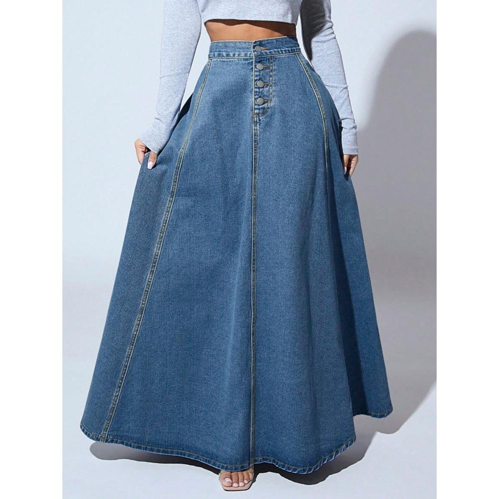 Women's High Waist Maxi Skirt A-Line Skirt Loose Fit Street Style Denim Skirt Solid Color Button Zipper Long Skirt For All Body Types