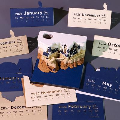 Haushalt Büro Magisches Schloss Wochenkalender mit LED-Lichtern 3D Papierhandwerk Notizblock Schreibtischdekoration Zarte Papierornamente
