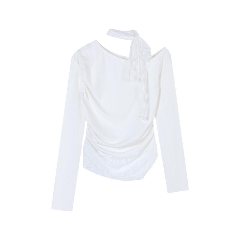 Chic lace splicing slanted shoulder long-sleeved T-shirt women's spring Korean slim-fit design Spice girl white streamer top