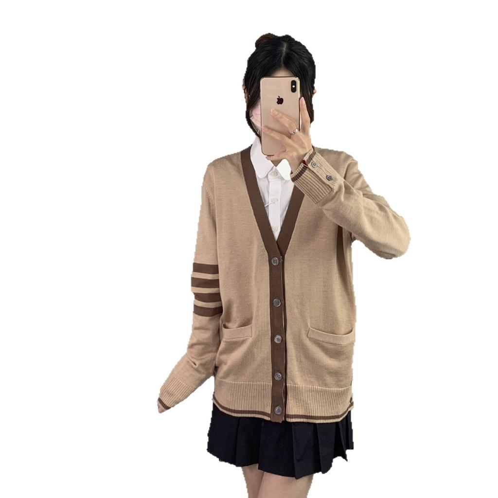 TB New Knitted Striped Four-bar Cardigan Women's High-end Versatile Casual Knitted Sweater Slim-fitting V-neck Cardigan