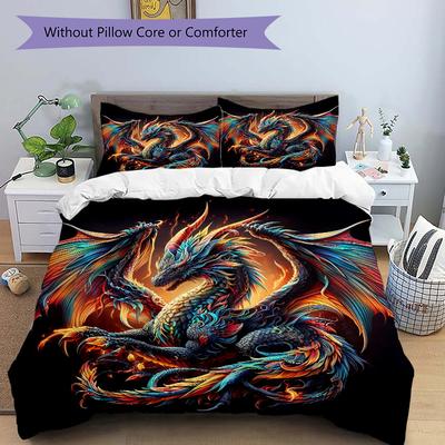 3pcs Colorful Dragon Battle Quilt Set - Soft and Comfortable Bedroom, Guest Room and Dorm Decor Bedding Set 1 Quilt Cover + 2 Pillowcases.J0