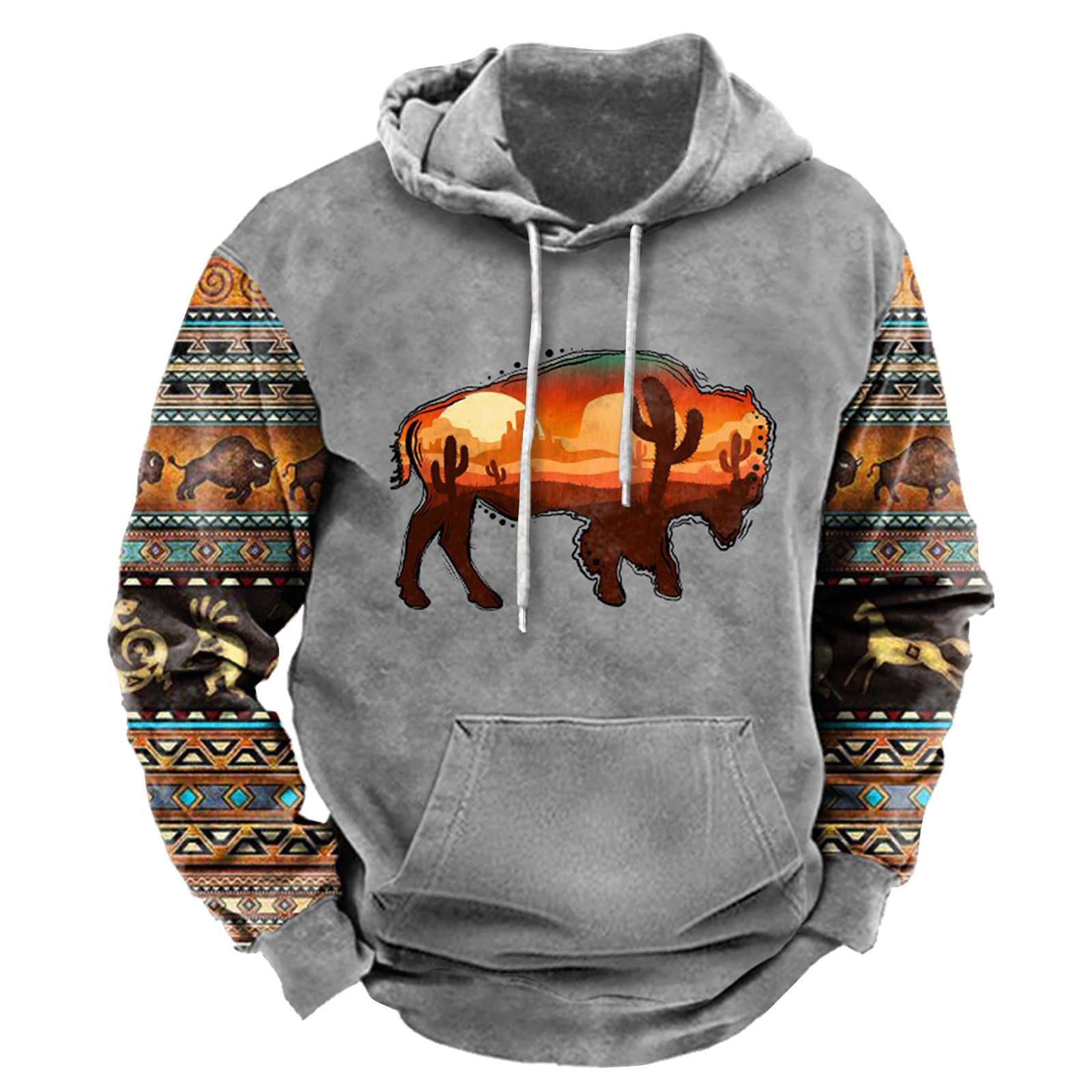 Casual Long Sleeve Hoodie Pullover with Front Pocket and Drawstring Hood Native American Inspired Graphic Design on Sleeves and Front XL