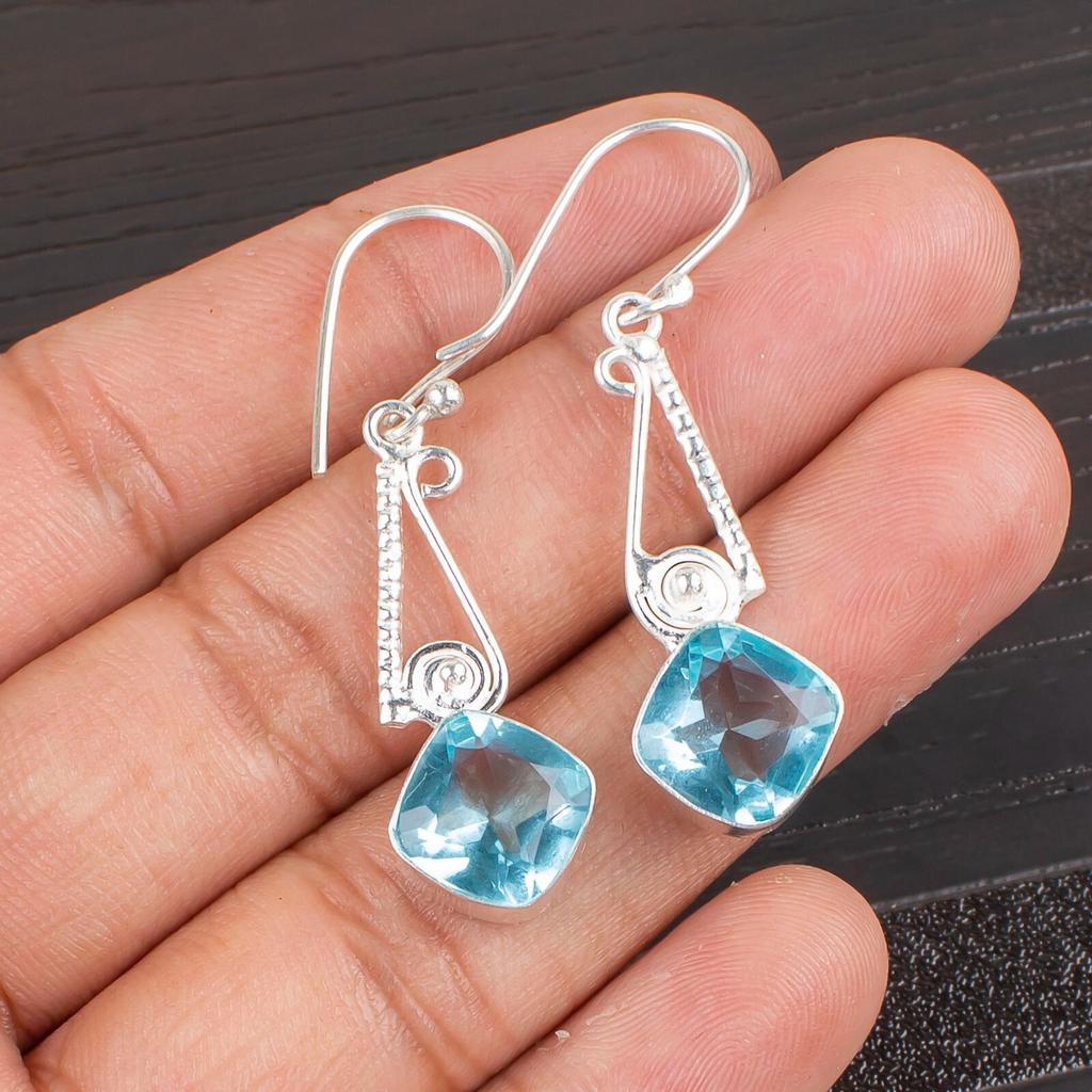 Sky Blue Topaz Gemstone 925 Sterling Silver Jewelry Handmade Hook Earrings 1.90" EE-46-9