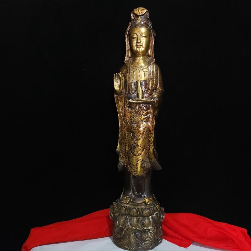 Style Full Color Painted Copper Home Decor Craft Ornament South Sea Lotus Guanyin Buddha Statue Decoration