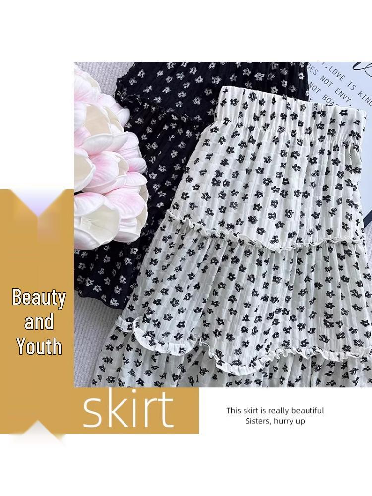 Summer 2025 Floral High-Waisted Loose Slimming Drawstring Anti-Exposure Cake Skirt
