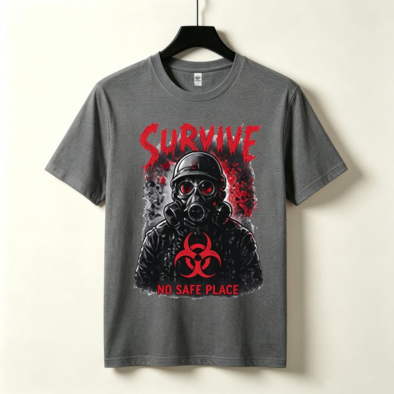 Survive Gas Mask Biohazard Tshirt Zombie Apocalypse Horror Graphic Dark Grunge Streetwear Black White Navy Casual Top Harajuku