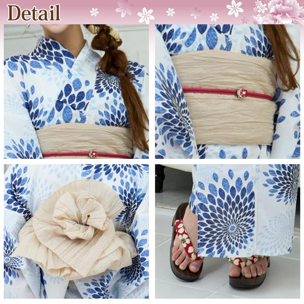 RAVIR Yukata-sett med store blå krysantemum på en hvit fluffy obi og geta-sandaler Størrelse passer dame 3-delt Bakgrunn, Belte, (En Alle)