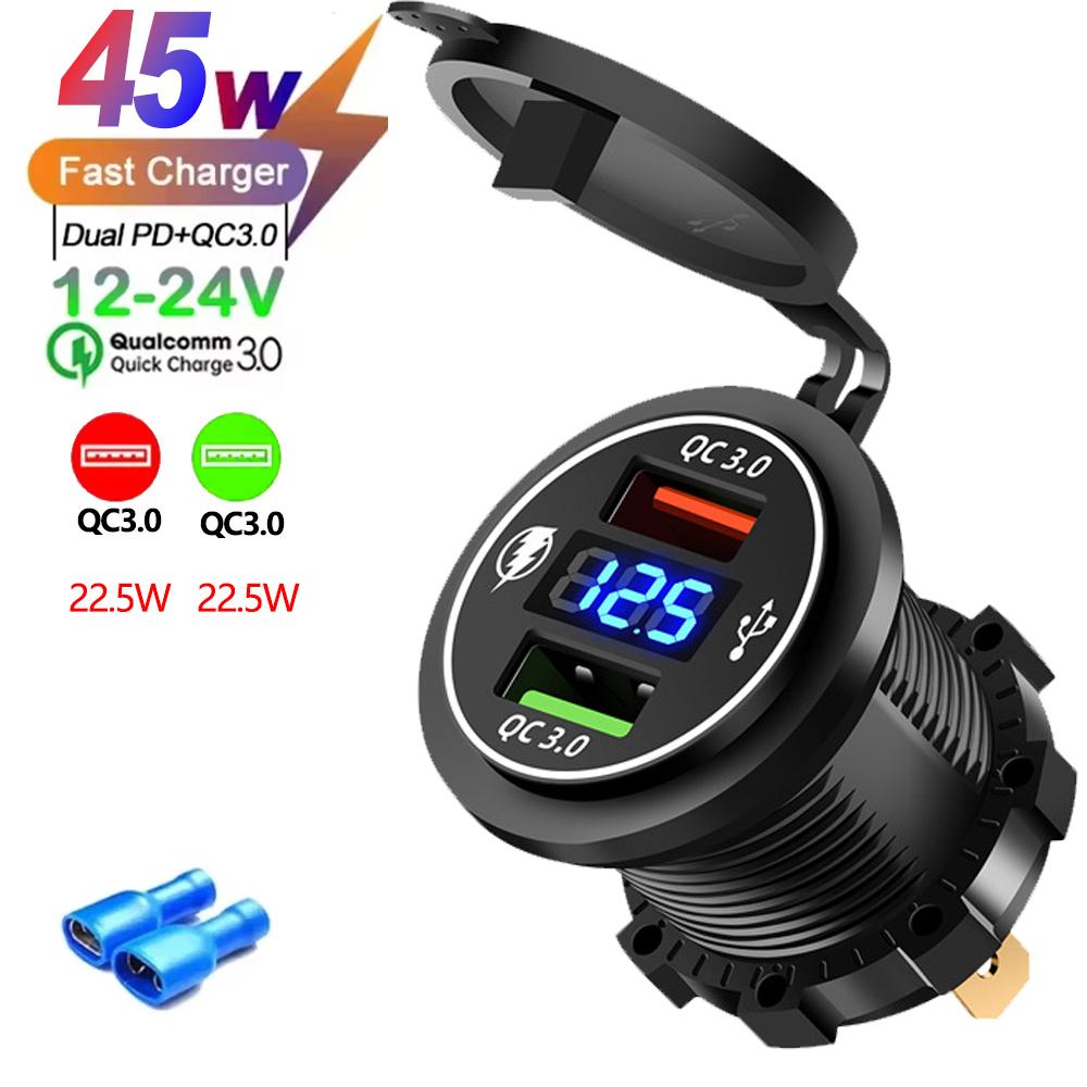 2/3/4 Port PD QC 3.0 USB Car Charger with Voltmeter Socket Power Outlet Adapter Waterproof for 12V/24V Car ATV Boat Hot Sale