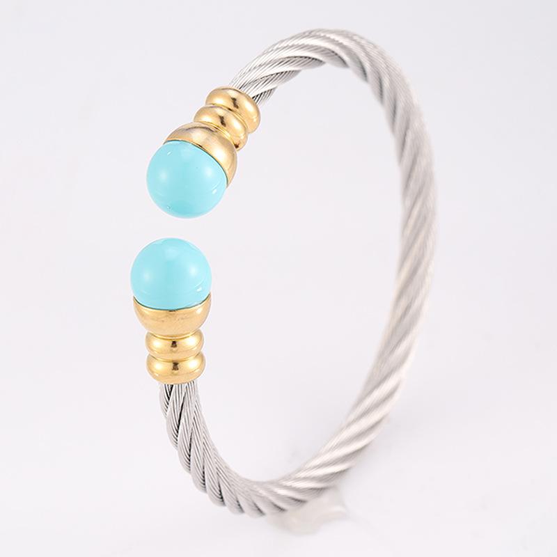 Pearl Steel Wire Opening Titanium Steel  Simple Design European and American Blue Pearl  K Gold Electroplating 