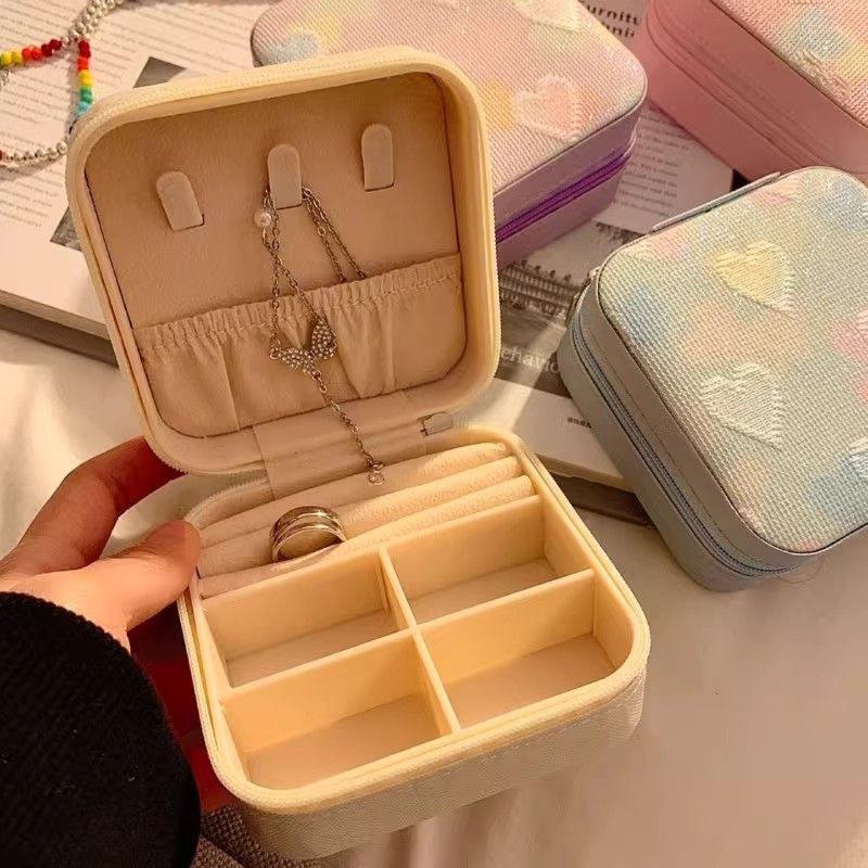Portable Travel Jewelry Storage Box With Cute Heart Embroidery Multi Compartment For Daily Use Short Trips
