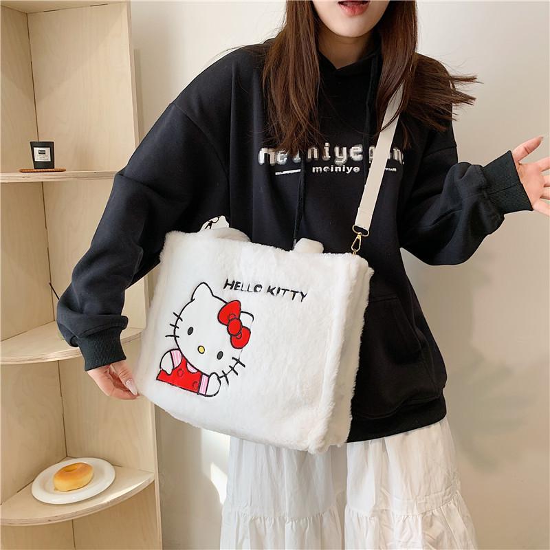 Women's Plush Kuromi & Cinnamoroll Tote Crossbody Bag - Cute Dog Tooth Design Handbag