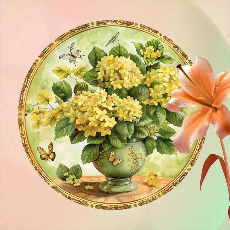 Vintage Daffodil Butterfly Aluminum Wall Decor D Round Metal Sign for Home Garden Kitchen