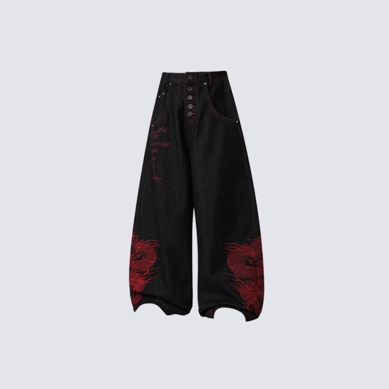 Fall Winter American Retro Street Embroidered Hip Hop Jeans Men Women Teens Straight Leg Skateboard Dance Trousers