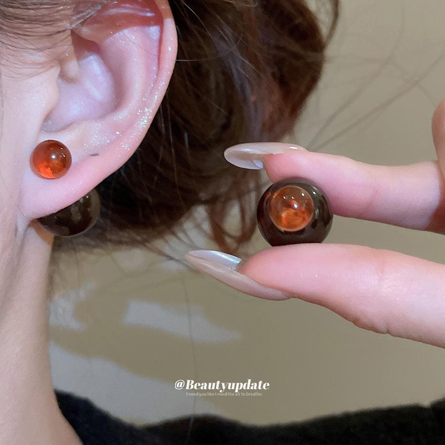 18K Gold Plated Silver Resin Two-Way Stud Earrings - Melaard Retro Minimalist High-End Autumn/Winter Style for Women.