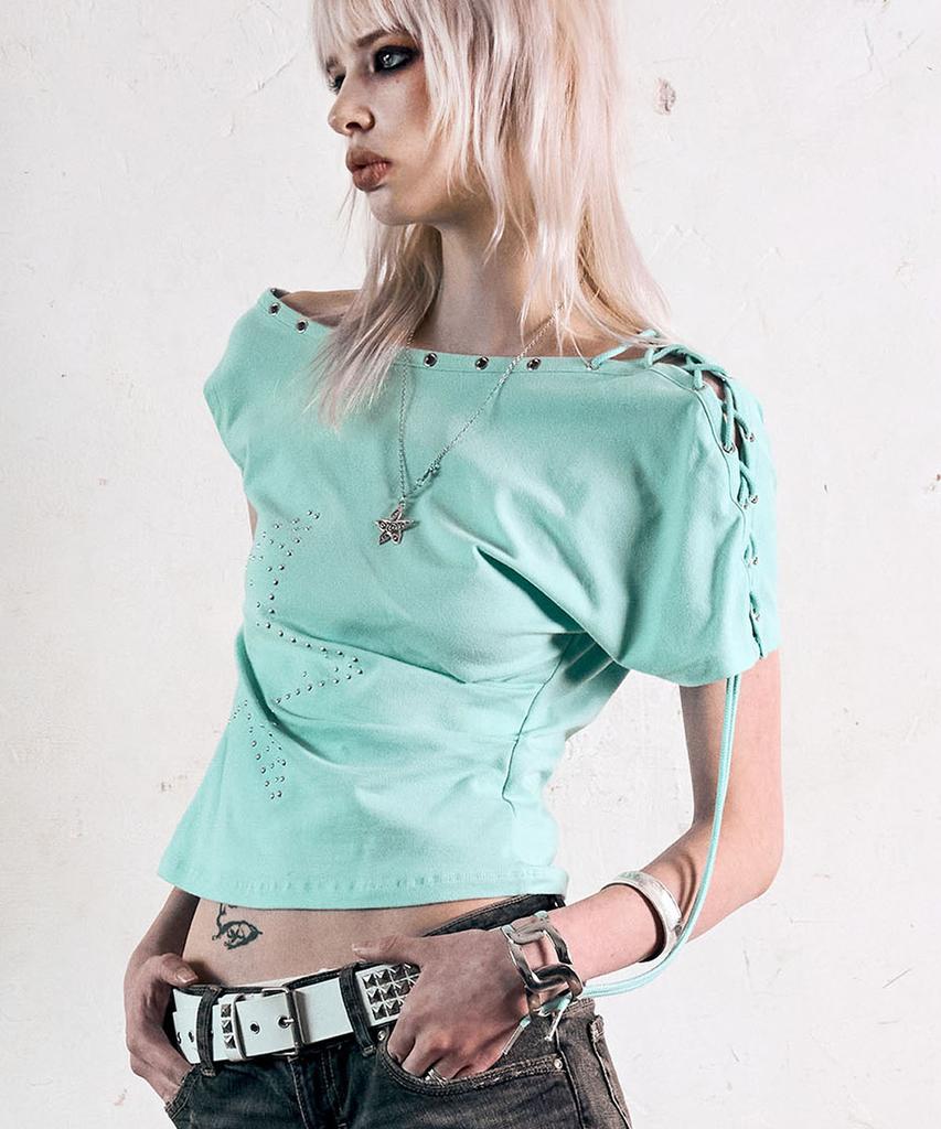 Nasnoing One Shoulder Lace Up Top (Mint)