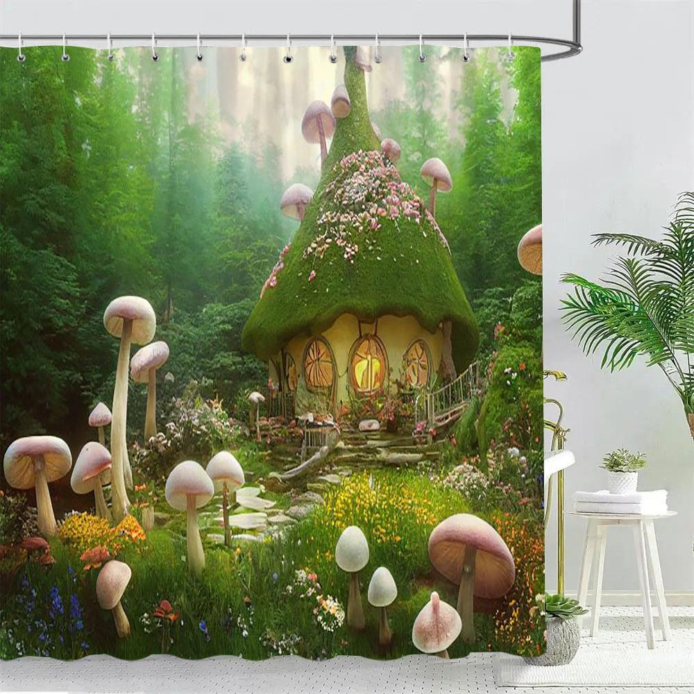 Fantasy Forest Mushroom House Shower Curtain Pretty Cartoon Pattern Polyester Fabric Kids Bath Curtain Bathroom Decor With Hooks