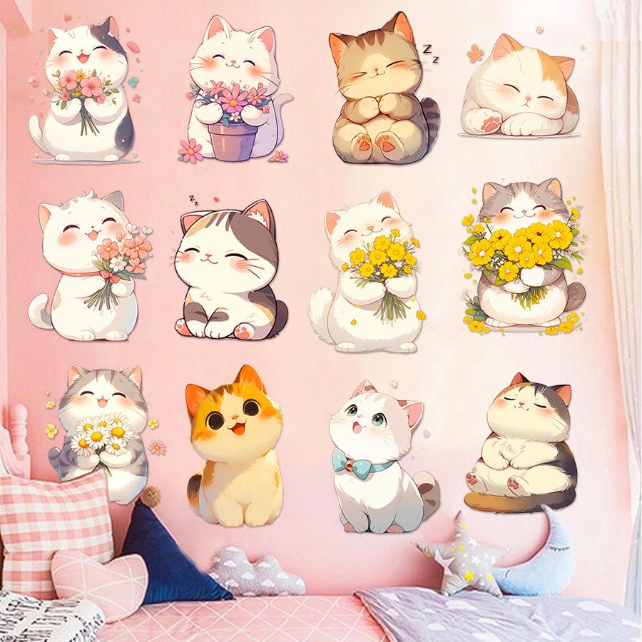 

Наклейки на стену с котами Виниловые наклейки Мультяшное животное Детская спальня Кухня Домашнее украшение