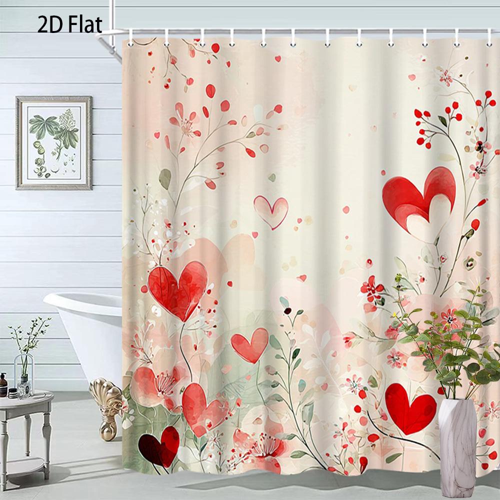 

Watercolor Heart Flower Shower Curtain Soft Red Hearts Pink Blossoms Romantic Art For Valentine’S Day Or Wedding Bathroom Decor W60H190(CM)-1 Pcs