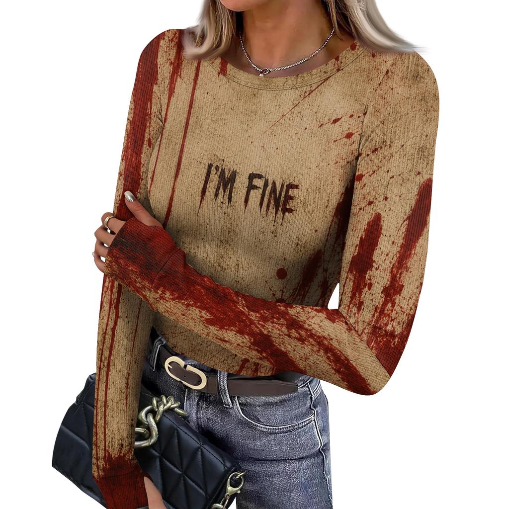 Women's Slim Fit Halloween Print Pullover Long Sleeve T Shirt Crew Neck Base Layer Top with Thumb Hole Cuffs