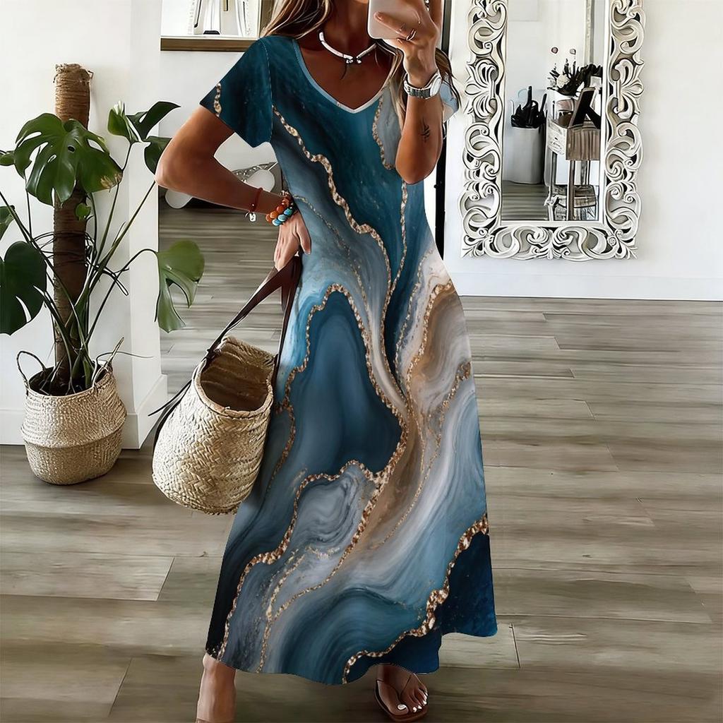 Women Plus Size V Neck Short Sleeve Colorful Printed Maxi Dress